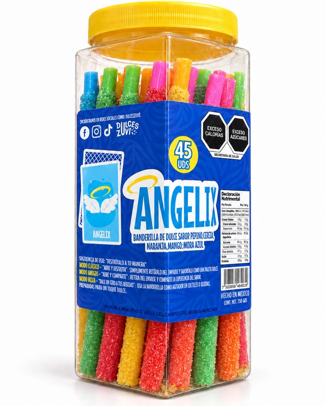 Angelix pajilla banderilla dulce sabores pepino cereza naranja mango mora azul vitrolero 45 unidades Dulces ZUVI